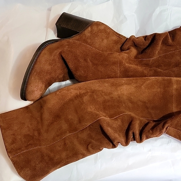 New Free People Elle Tall Slouch Boots Distressed Rust Suede Block Heel - Picture 2 of 8